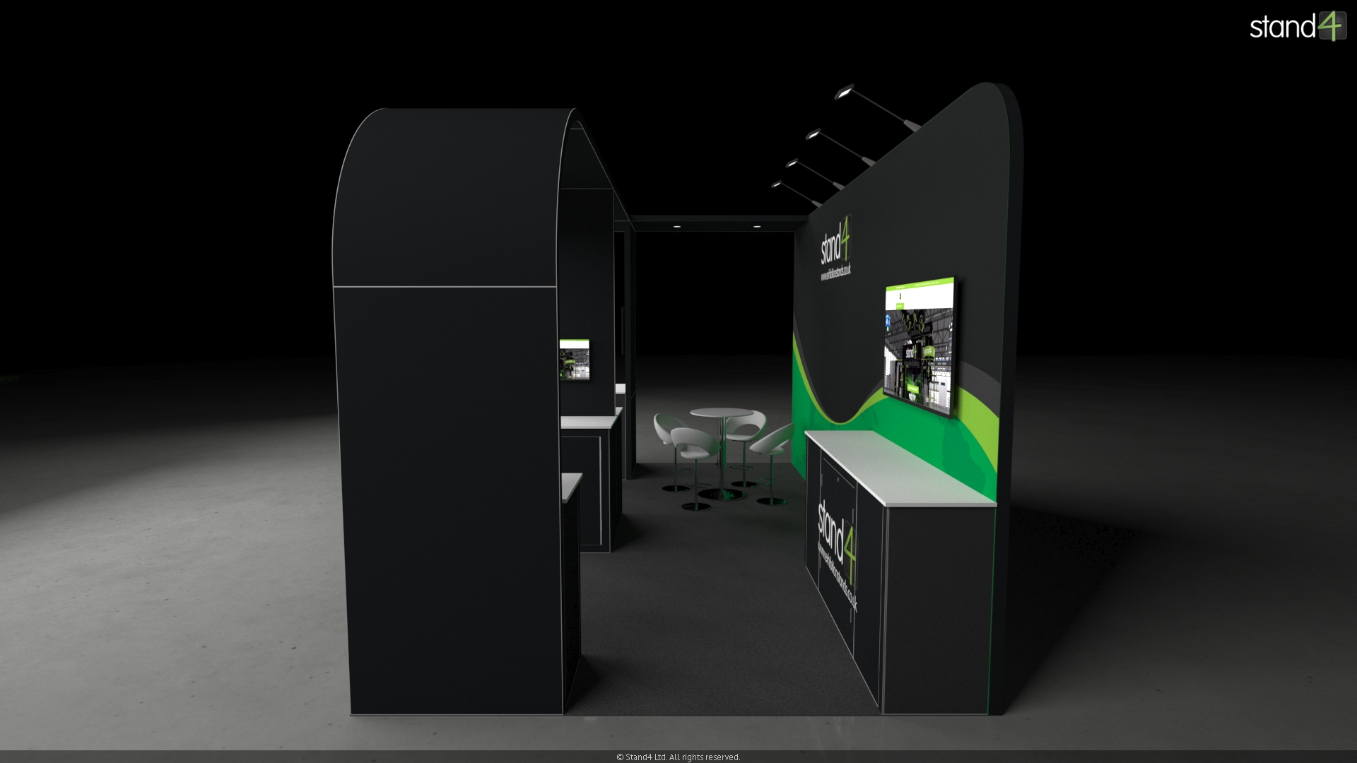 Norfolk_3 3D rendering of an open-plan exhibition stand featuring a large overhead canopy. The layout includes three front-facing presentation kiosks with digital screens and storage cabinets, a central meeting area with a high-top table and four bar stools, and a backwall equipped with overhead arm lights, a large monitor, and a long built-in counter.