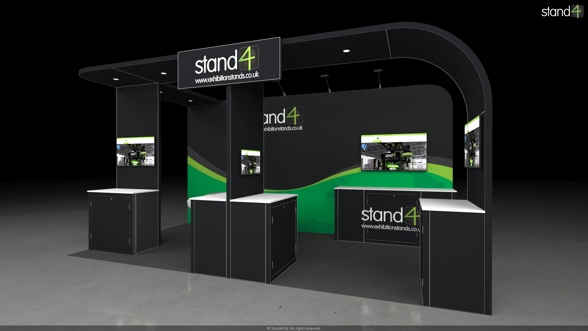 Norfolk_5 3D rendering of an open-plan exhibition stand featuring a large overhead canopy. The layout includes three front-facing presentation kiosks with digital screens and storage cabinets, a central meeting area with a high-top table and four bar stools, and a backwall equipped with overhead arm lights, a large monitor, and a long built-in counter.